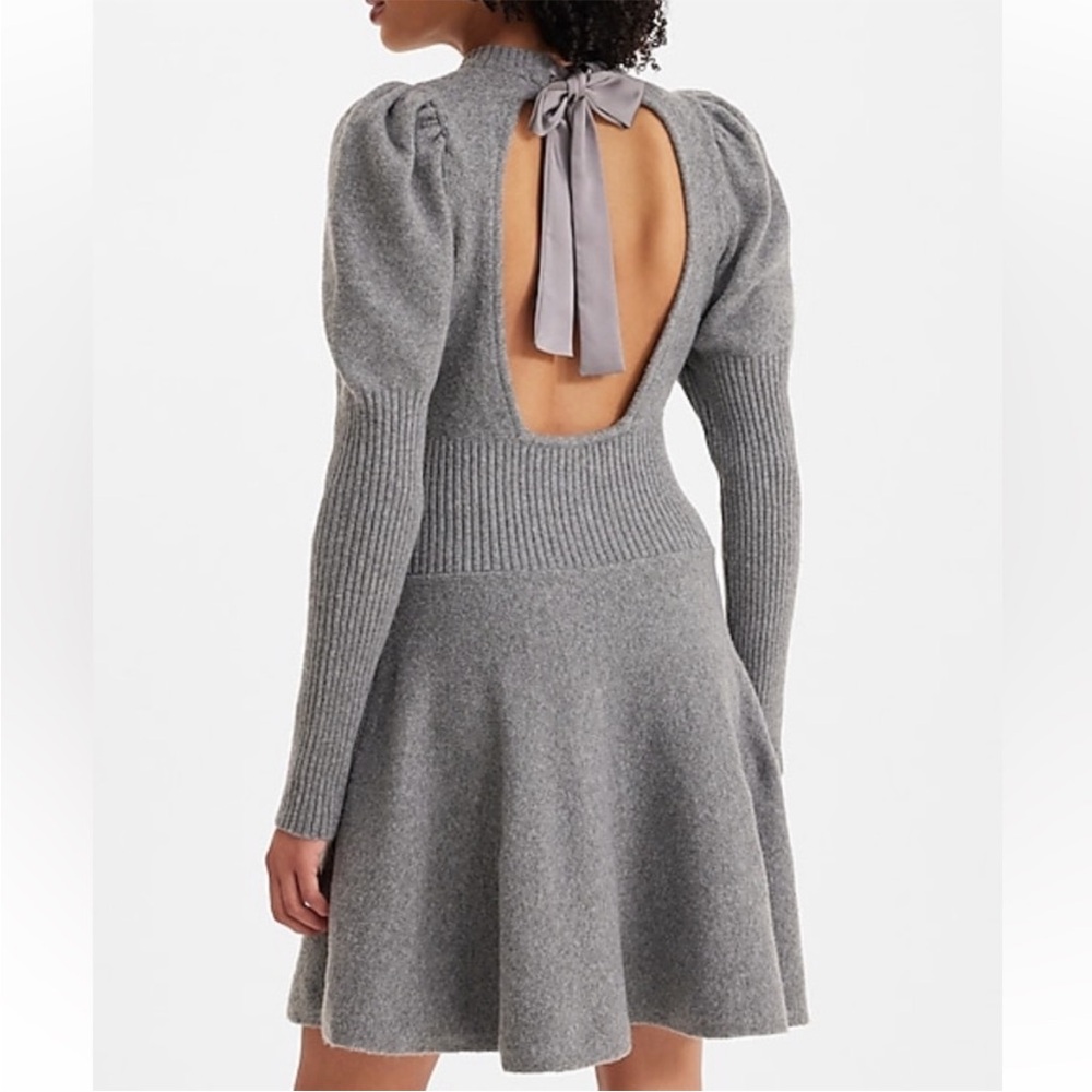 🔥 🔥 Summer Sale! Express Crew Neck Puff Sleeve Satin Tieback Sweater Dress